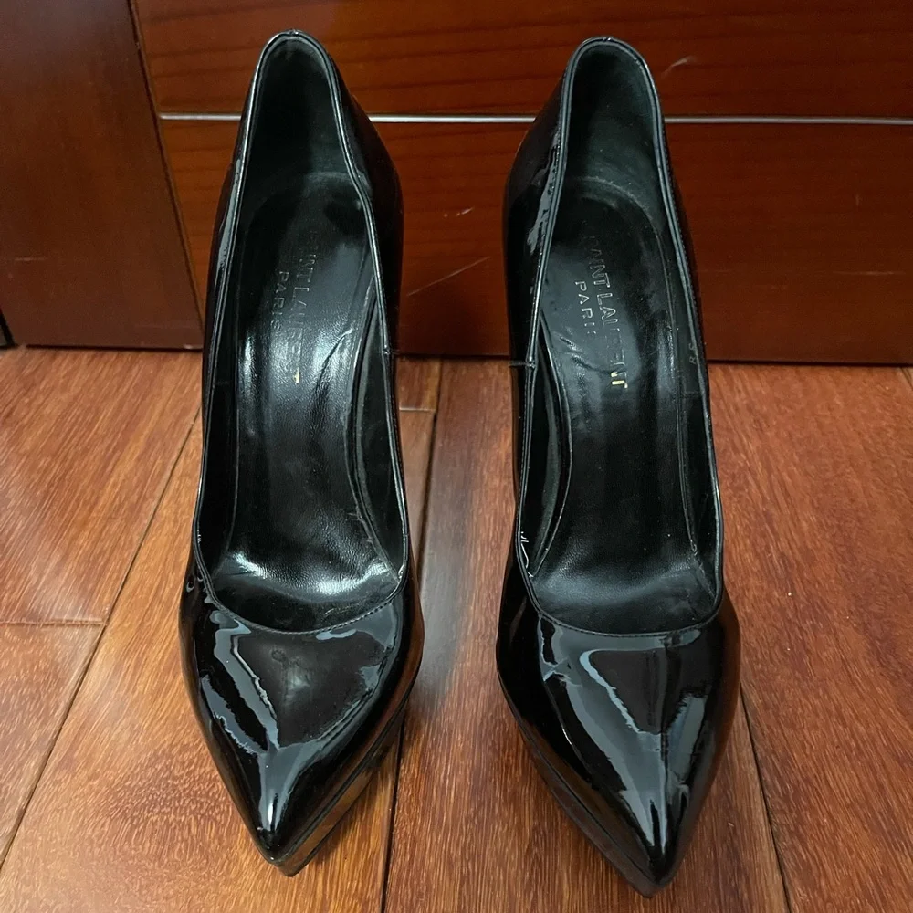 Yves Saint Laurent Black Patent Leather Platform Stiletto Pumps